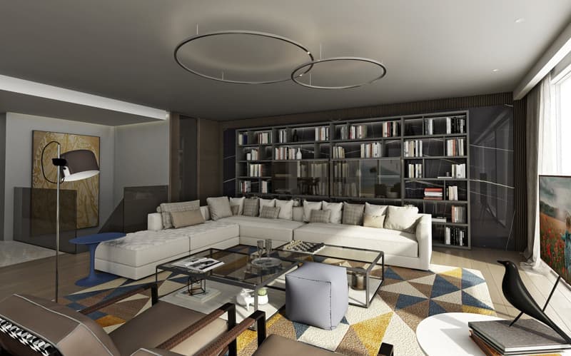 modern living room with white sectional sofa, glass coffee table, large bookshelf, decorative items, and a large painting