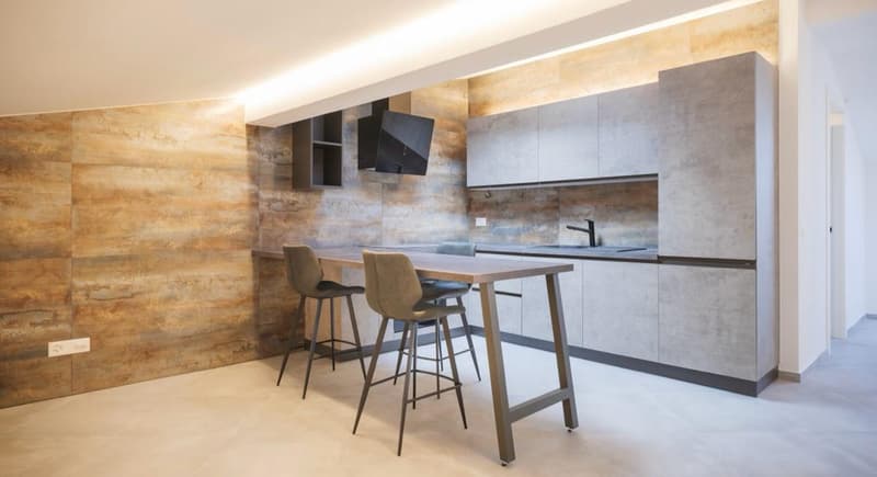 modern kitchen with wooden table, two stools, wooden wall, gray cabinets, sink, faucet, TV