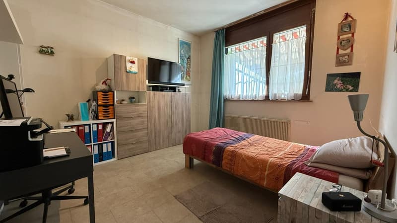 Bedroom with desk, bed, TV cabinet, bookshelves, rug, radiator, and lamp