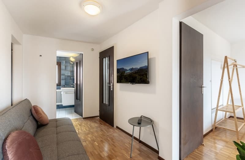 Open-plan studio apartment with hardwood floors, white walls, large windows, sofa, coffee table, TV mounted on the wall, bathroom with tiled walls, and a kitchenette area with a dishwasher.