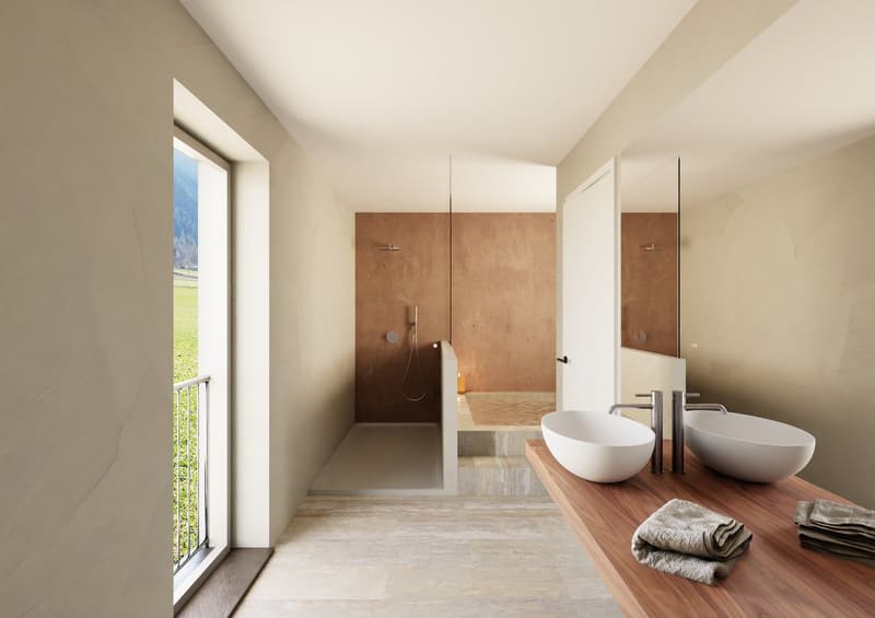 two sinks, mirror, open shower with glass door, bathtub, balcony, window with view