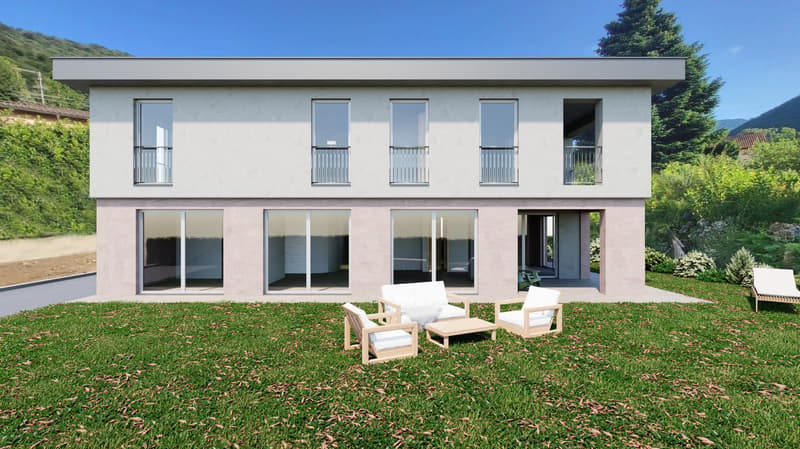 two story house, light pink exterior, large windows, wooden patio set up in front yard, trees and mountains in background, balconies