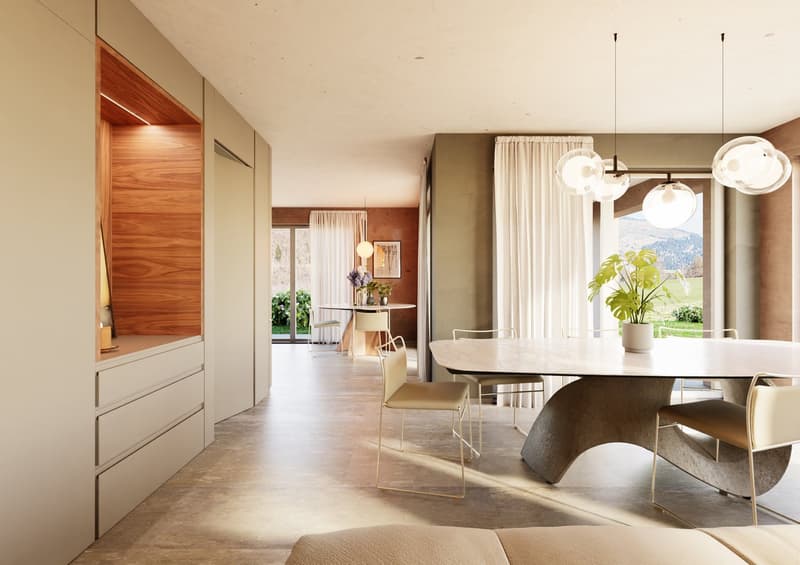 large open room, large table, beige chairs, marble flooring, pendant lights, large windows, view of mountains