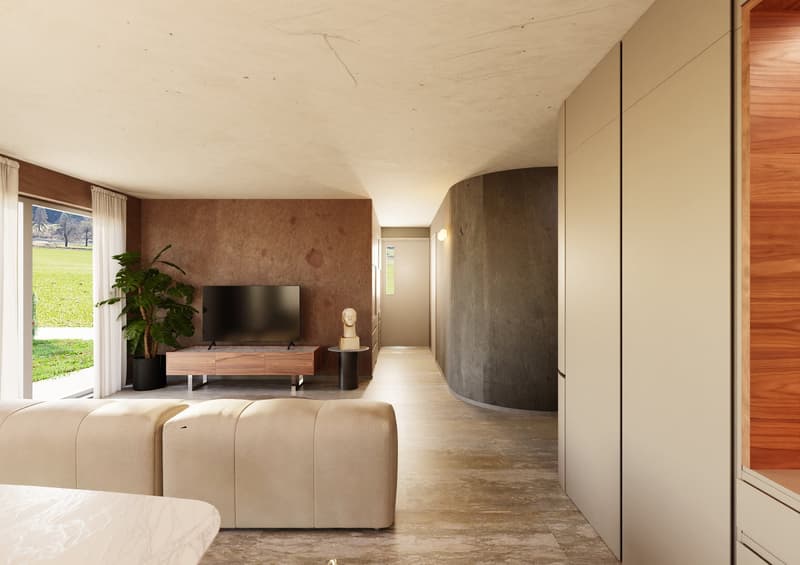 Open floor plan, beige couch, living room table, TV, plant, gray walls, windows to grass view, beige flooring, hallway, and doors to the next room.