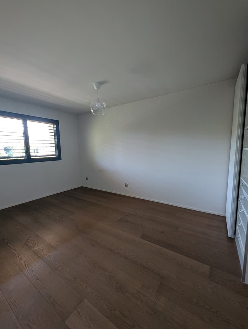 empty room, wooden floor, white walls, window with blinds, ceiling light