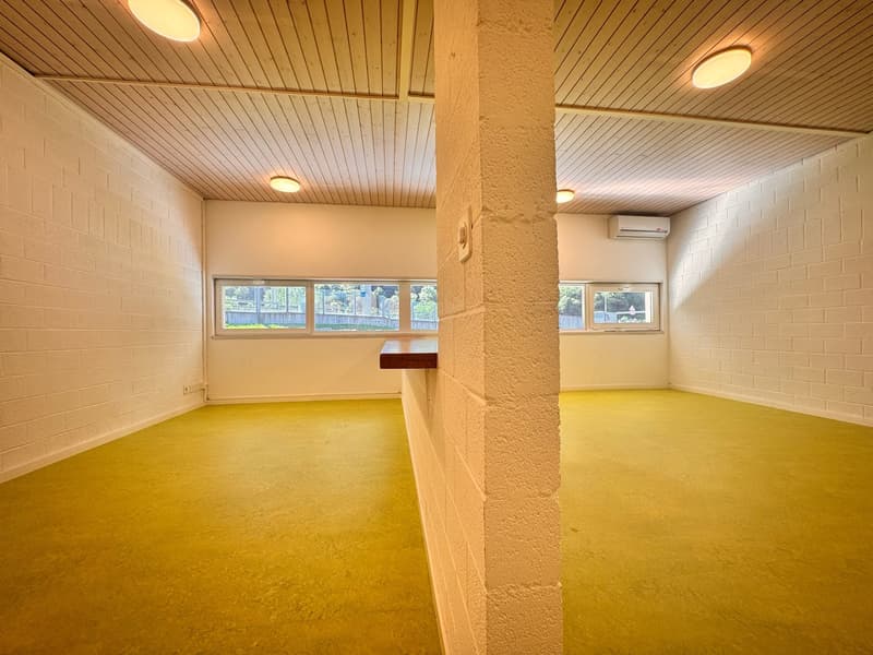 Large open space with wooden paneled ceiling, white walls, and yellow flooring. The room has several windows providing natural light and a central column.