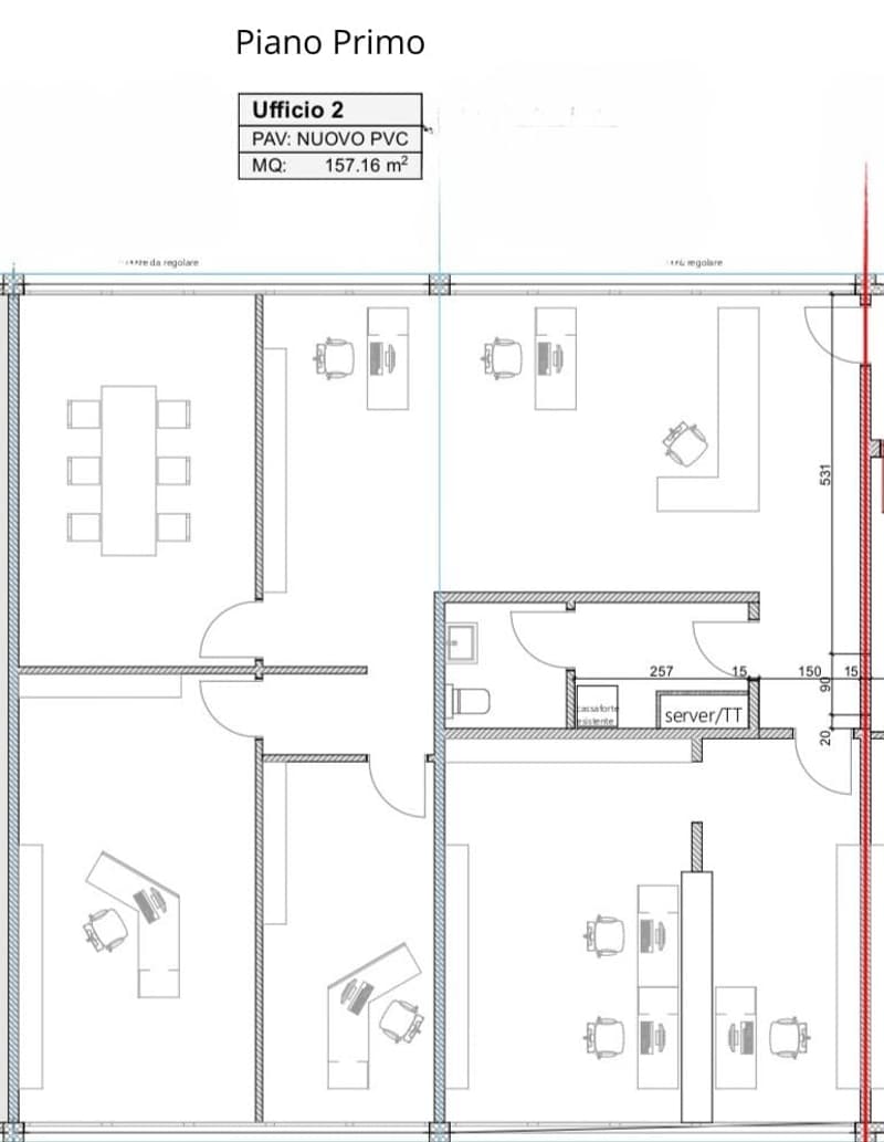 The floor plan shows an office space with a server/IT room, a main open area with a table, and several smaller rooms or workstations.