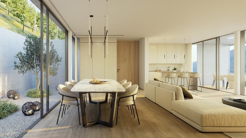 Dining room with large glass windows, modern chandelier, marble dining table, wooden flooring, seating arrangement, white cabinets, and a small seating area with a couch
