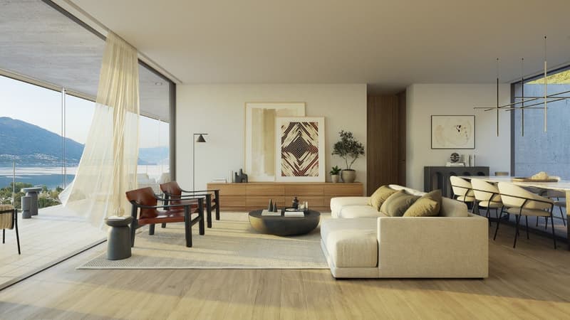 Wooden floor, large windows, modern living room, dining area, balcony with scenic view, beige sofa, dark wood chairs, center table, wooden cabinet, art pieces, hanging lamp, wooden table and chairs.