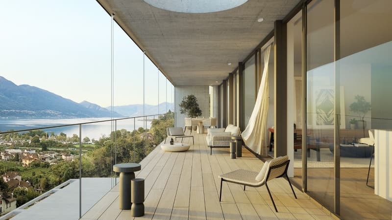 wooden floor, railing, view to sea, couch, table, trees, mountains