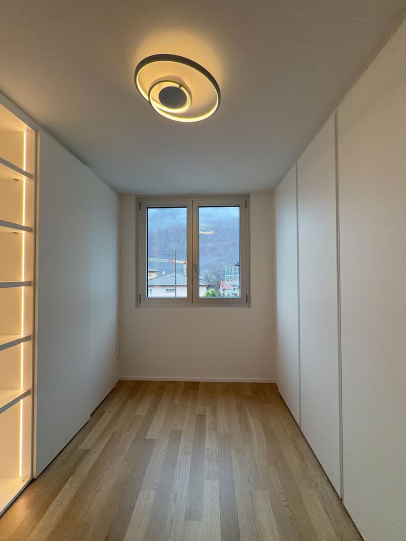 Empty room with white walls, wooden floor, ceiling lamp, wardrobe, and window