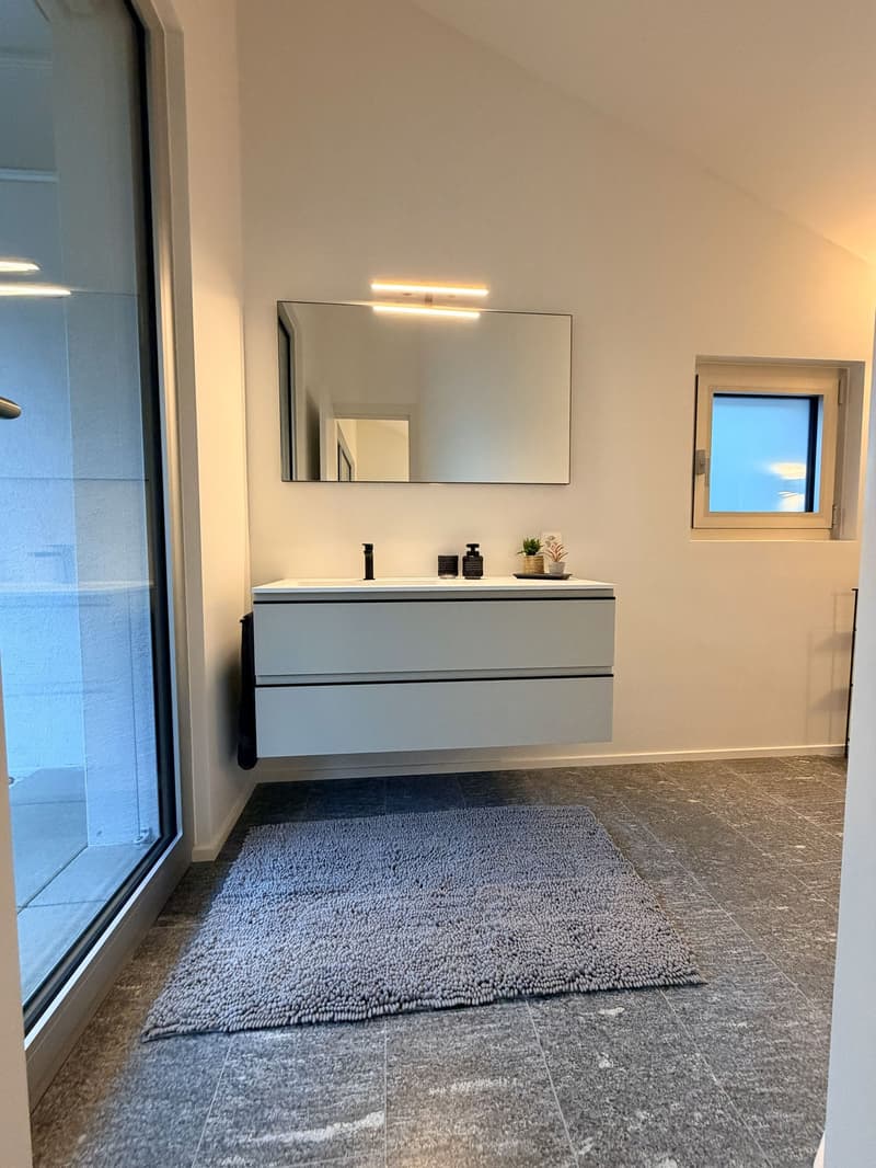 White vanity, modern mirror, glass wall, small rug, window, simple decor