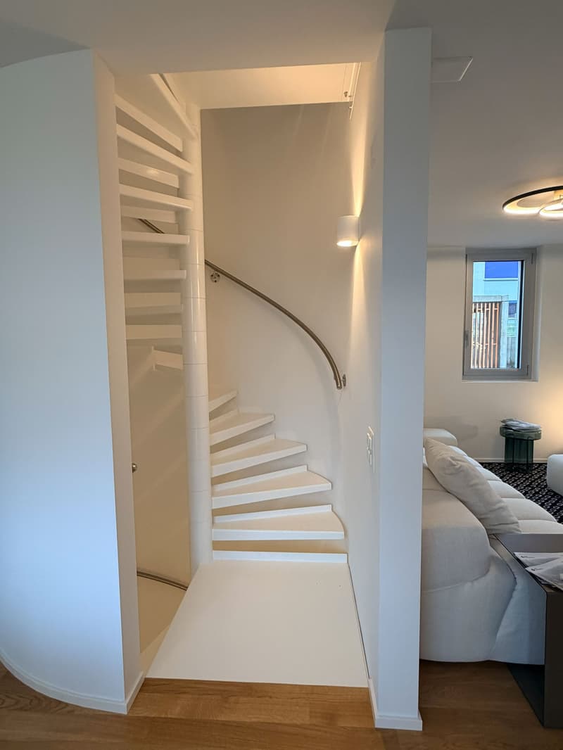 spiral staircase, modern design, white tiles, wooden floor, large window, white couch, minimalist decor