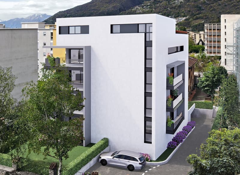 Modern 4 story white building, multiple balconies, ground floor, parking