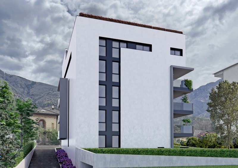 modern white building with black windows, multiple balconies, rooftop garden