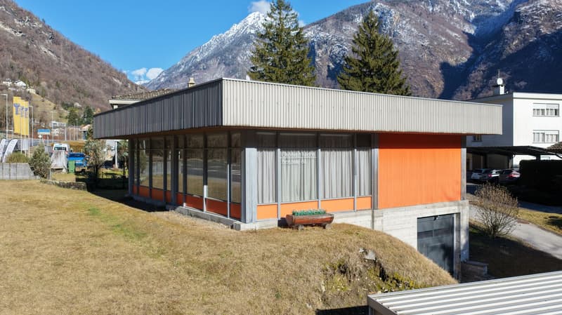 Single story building, orange exterior, glass windows, surrounded by green trees, located on sloped terrain, in front of snowy mountains