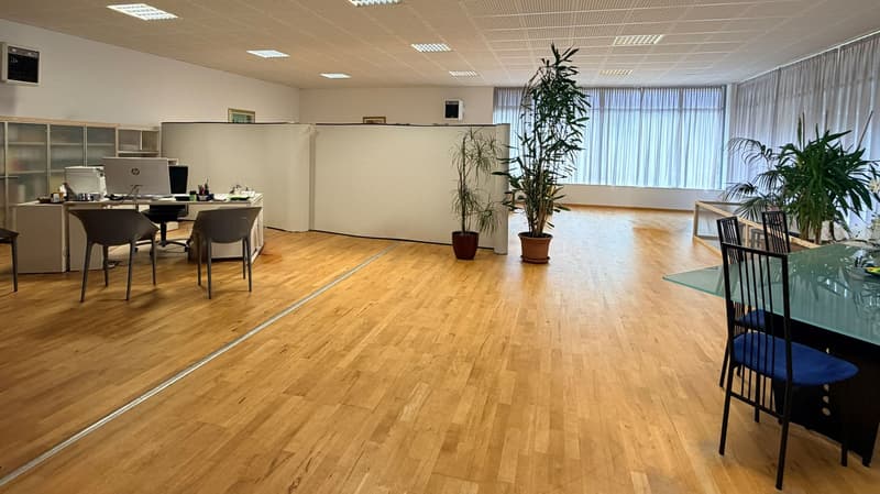 office room with large windows, large wooden desk with chairs, plants, office equipment, central air conditioning