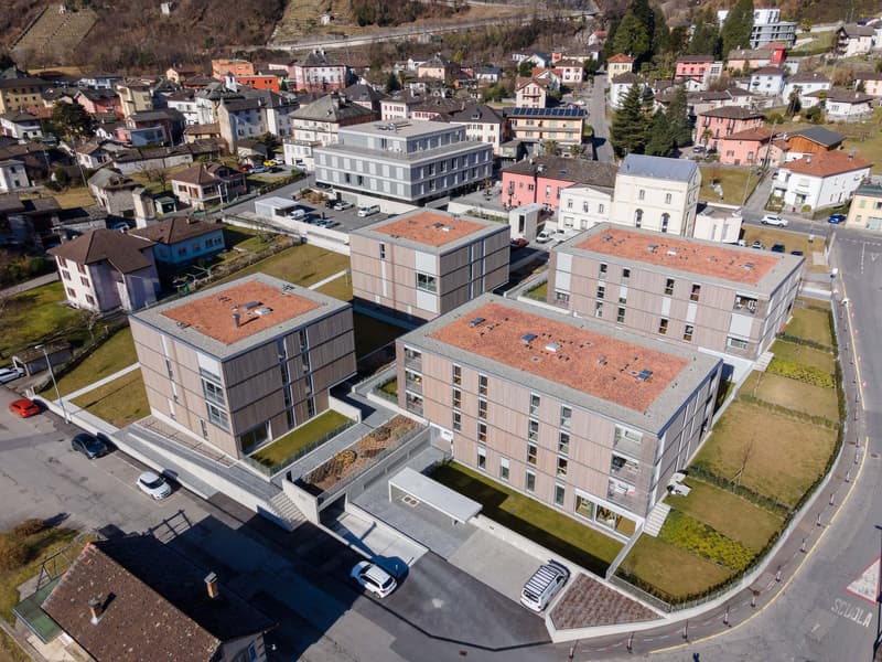 New residential buildings with tiled roofs, street parking, garage space, well maintained green surroundings, visible windows