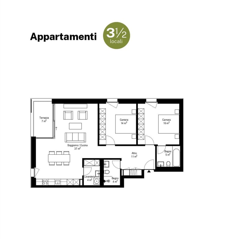 Living room, kitchen, 2 bedrooms, 2 bathrooms, balcony, terrace