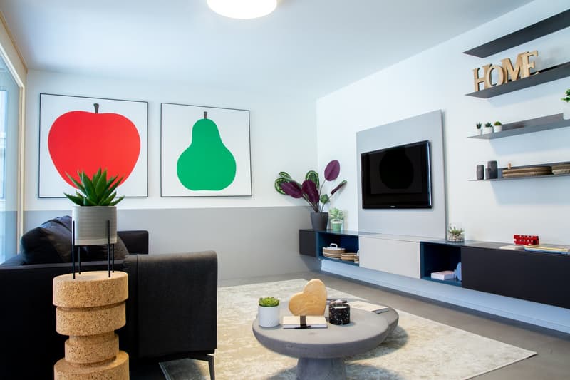 Living room with grey sofa, flatscreen tv, shelves, center table, rug, and plants