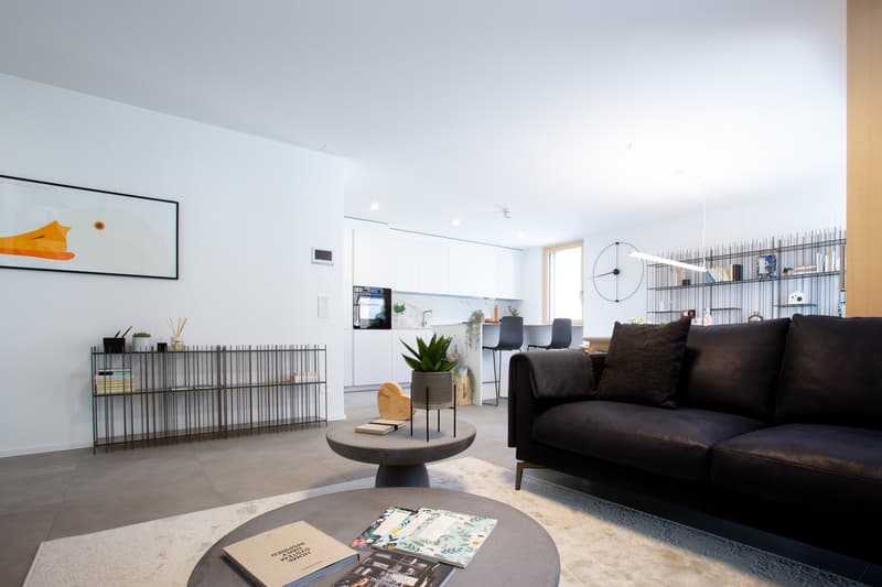 Modern living room with white walls, beige carpet, open plan kitchen, black couch, coffee tables, shelves, and a picture
