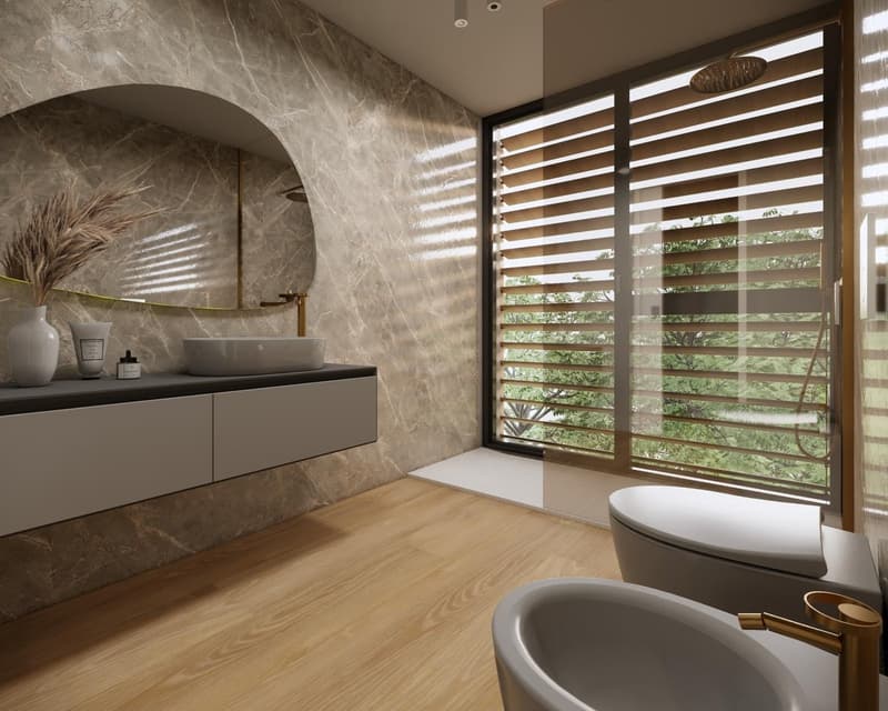 large marble wall, floating vanity, two sinks, shower with glass wall, silver fixtures, hardwood floor, vase, shower head, white toilet, outdoor view through window