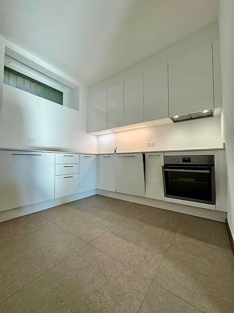 Modern white kitchen, tile floor, cabinets, countertop, built-in oven, dishwasher, sink