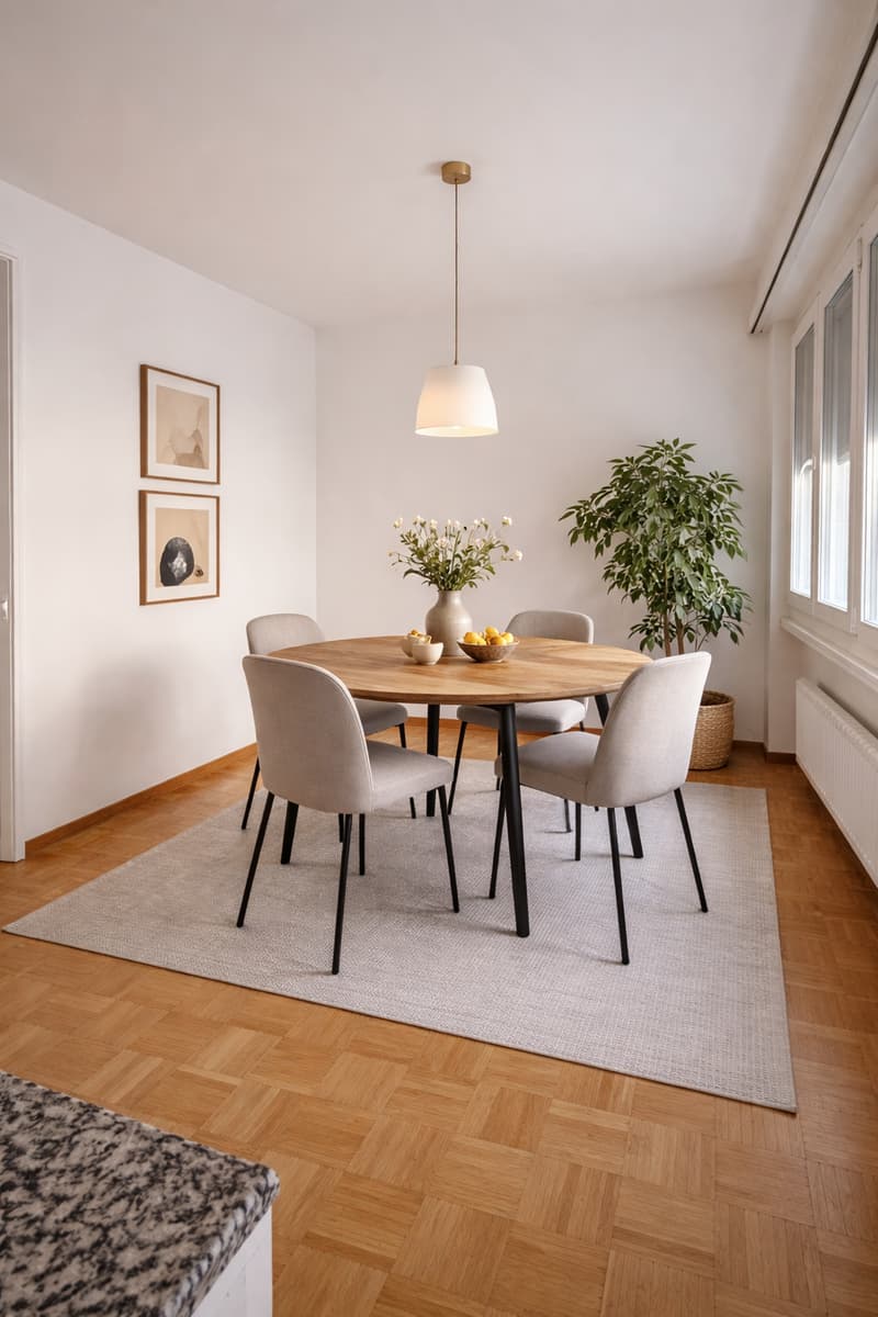 modern dining room with a wooden table, white walls, floor, and white chairs, and light fixture