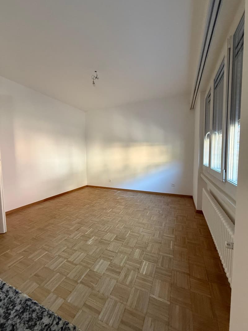 Empty room, wooden floor, white walls, windows with white frames, heating on the wall