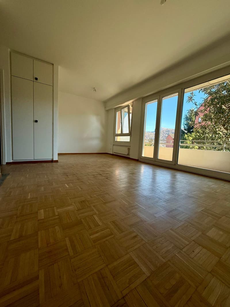 empty room, wooden parquet floor, sliding doors, white walls, built-in closet
