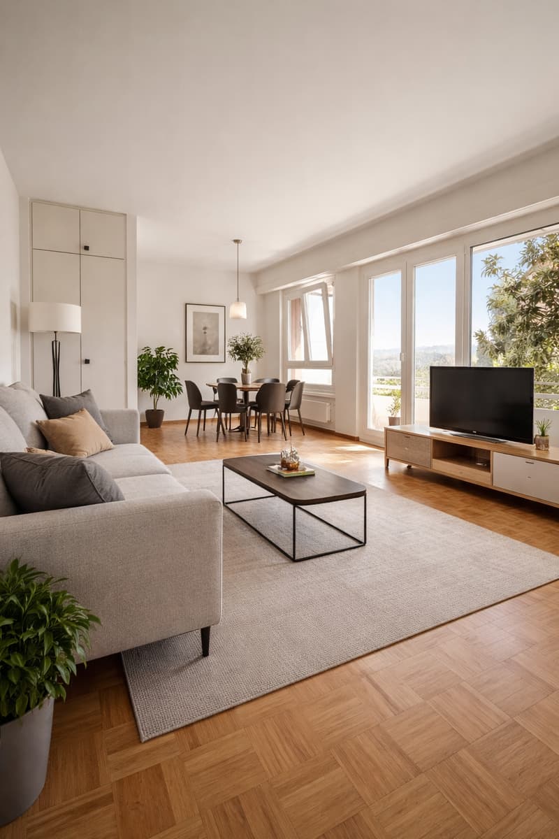 a modern living room with a gray couch, white rug, wooden floor, white walls, TV, coffee table, lamps, dining table, dining chairs, plants, wooden cabinet, picture frame