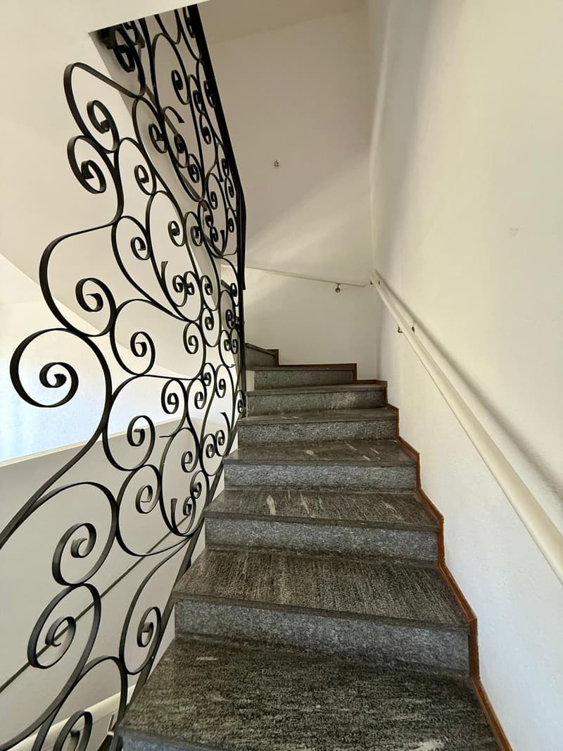 Stone steps, ornate metal railing, wooden handrail, white painted wall, white flooring.