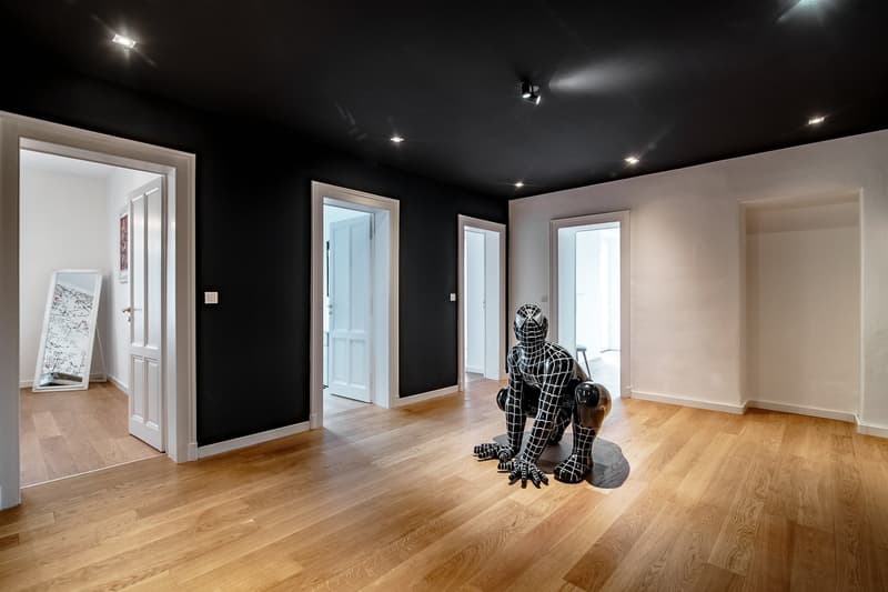 Large open room, wooden floor, black walls, white ceiling, multiple doors, spotlights, spiderman statue
