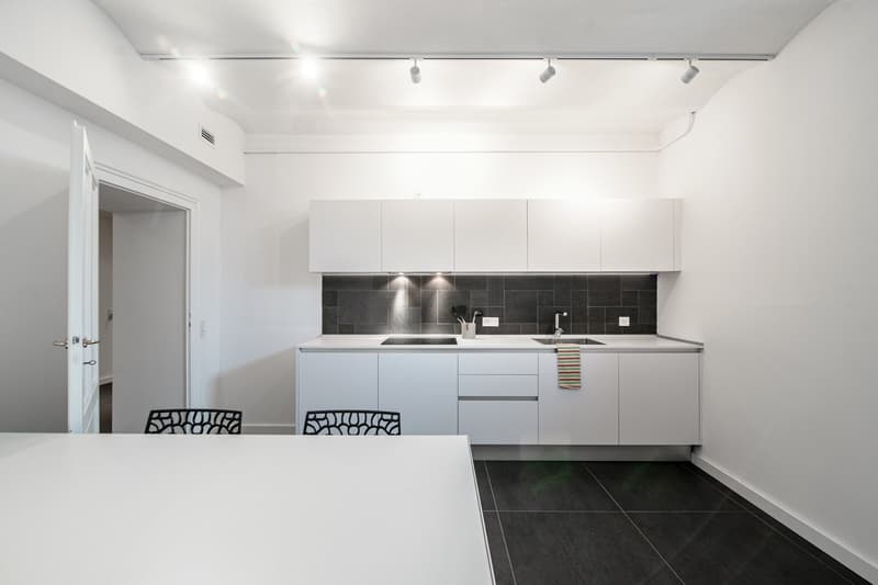 Modern, minimalistic design, white cabinets, black tiles, granite countertop, modern appliances, two sinks with faucets, gas stove, built-in dishwasher, white ceiling lights, modern lighting fixtures, door leading to other rooms