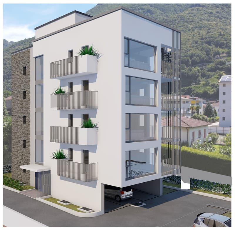 4-story modern apartment building with white exterior, large windows, balconies, and parking spaces on the ground level.