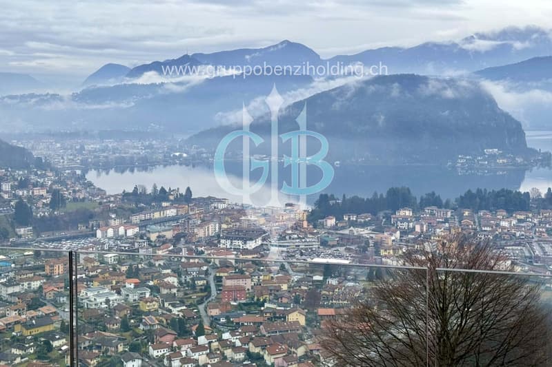 Aerial view of a city with buildings, mountains, and a lake.