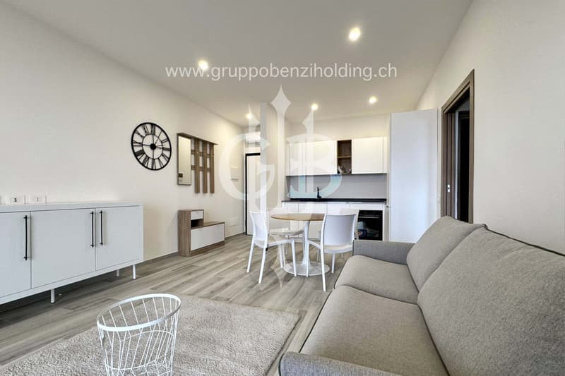 open-plan living room and kitchen, gray couch, dining table, white cabinets, modern design