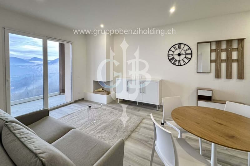 modern design, white walls, wooden flooring, large glass sliding door, balcony, couch, fireplace, dining table, mountain view