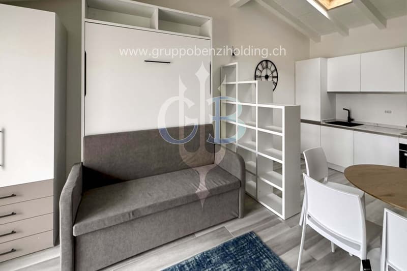 modern room, couch, dining table, kitchen counter, sink, shelves, clock, wooden floor, white cabinets, blue rug