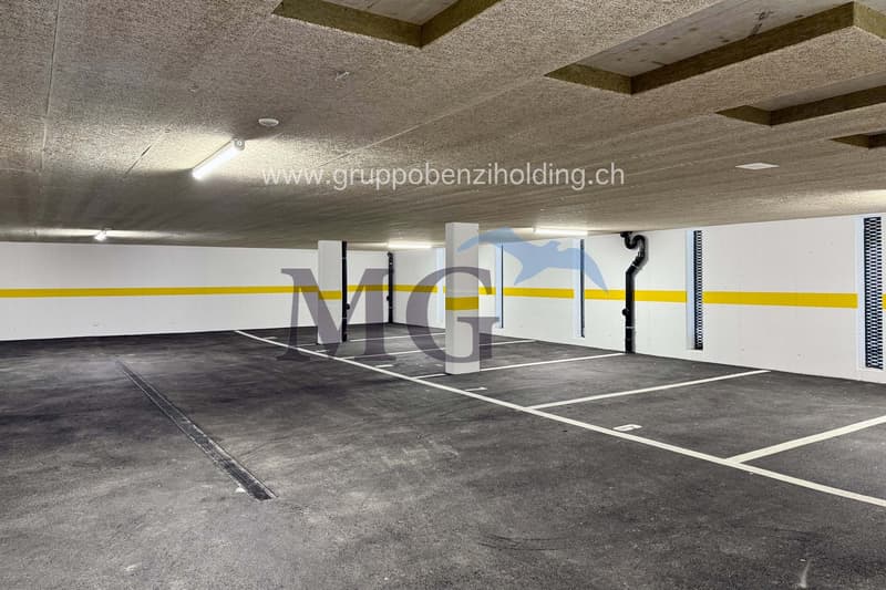 empty basement with painted walls, a ceiling with fluorescent lights, and parking spaces