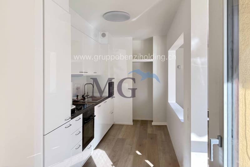 modern kitchen with integrated appliances, wooden flooring, white cabinets, black countertops, stainless steel sink