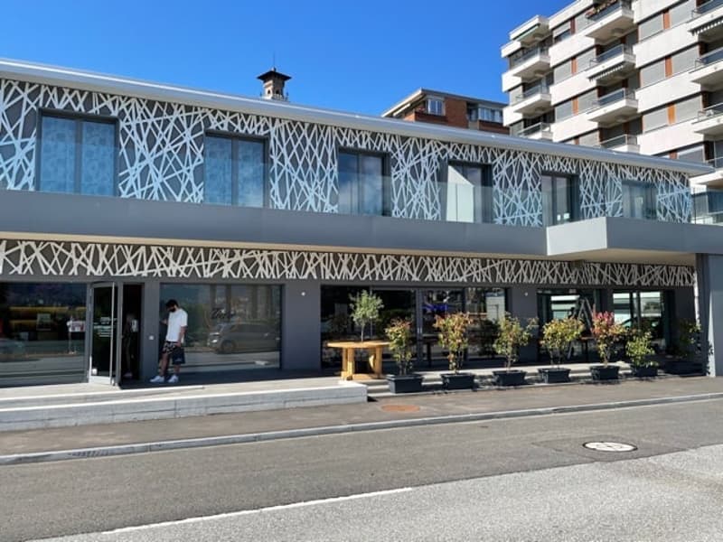 A modern multi-story building with a unique lattice-like facade, glass windows, and a balcony or terrace visible. There are also some potted plants and a person visible outside the building.