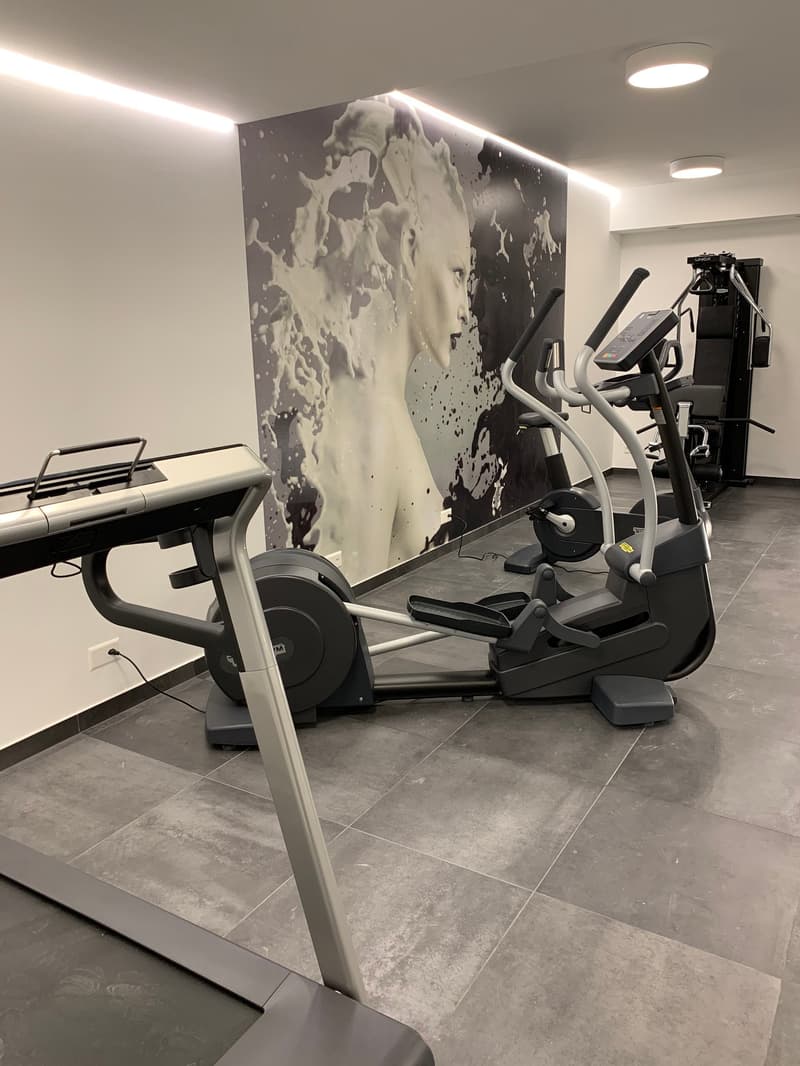 The image shows a home gym setup with various exercise equipment, including an elliptical machine and a treadmill. The room has a large black and white abstract artwork on the wall, and the floor is covered with gray tiles.