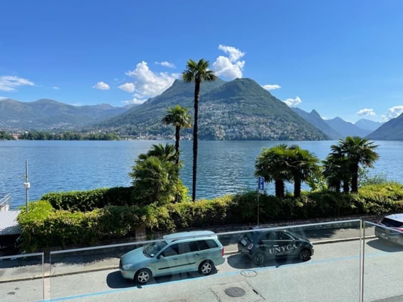 The image shows a scenic view of a lake surrounded by mountains and palm trees. The lake appears to be Lago di Lugano, with the town of Lugano visible in the background. The landscape is lush and green, with several palm trees in the foreground. The sky i