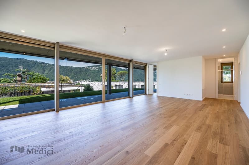 Open living space, large windows with balcony, hardwood floors, modern architecture