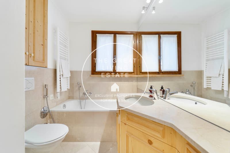 Raised ground floor, Marble counter, Bathtub, Toilet, Washbasin, Modern shower, Double sink