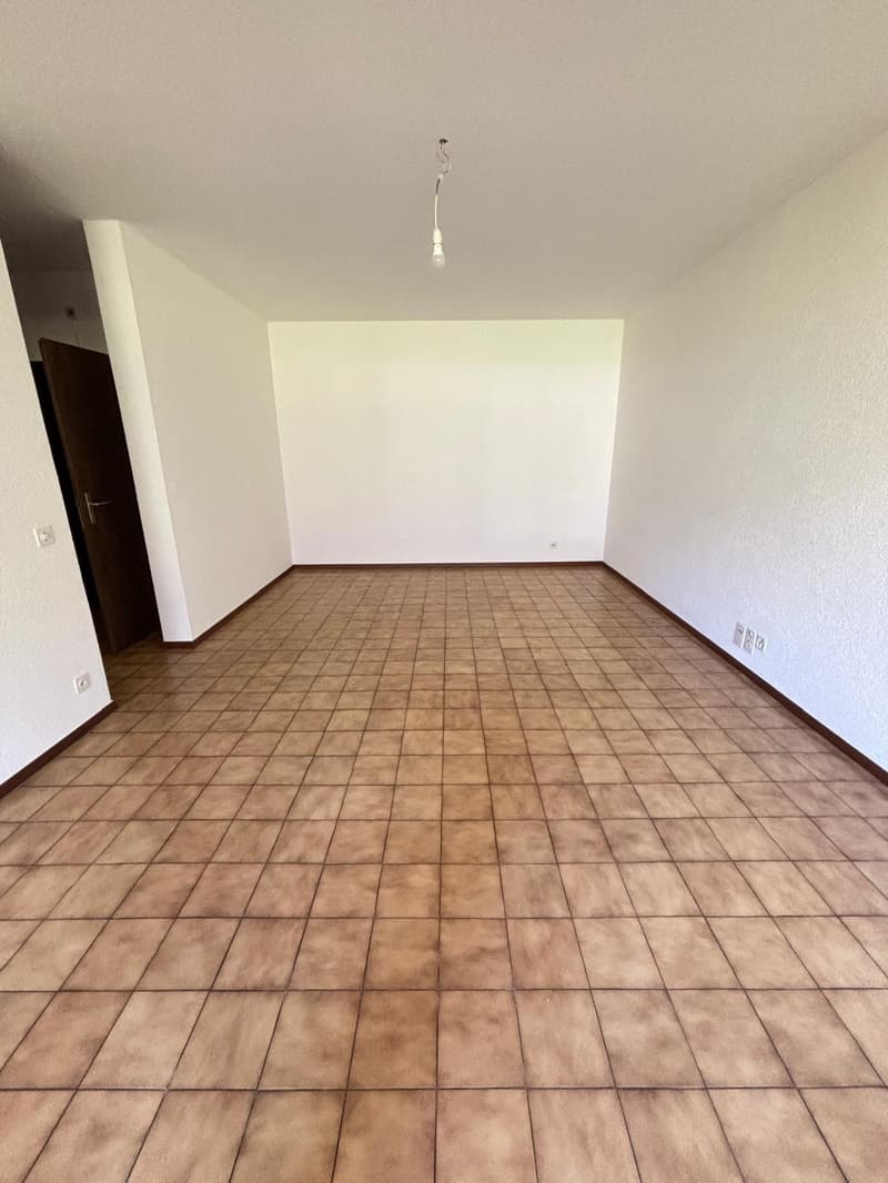 empty room, brown tile flooring, white walls, door at the back, light fixture