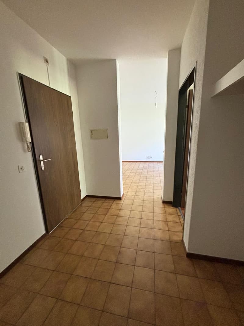 Empty corridor, brown tiled floor, white walls, a door, and an entrance to another door.