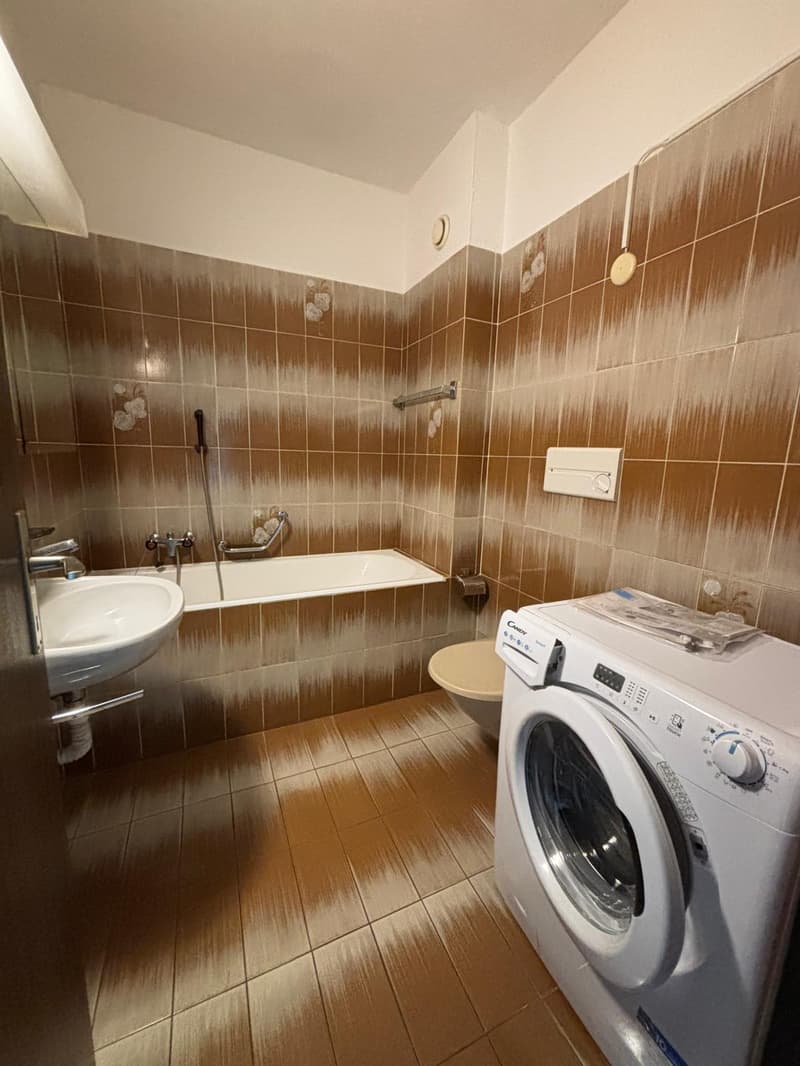 Brown tiles, bathtub, sink, toilet, washing machine
