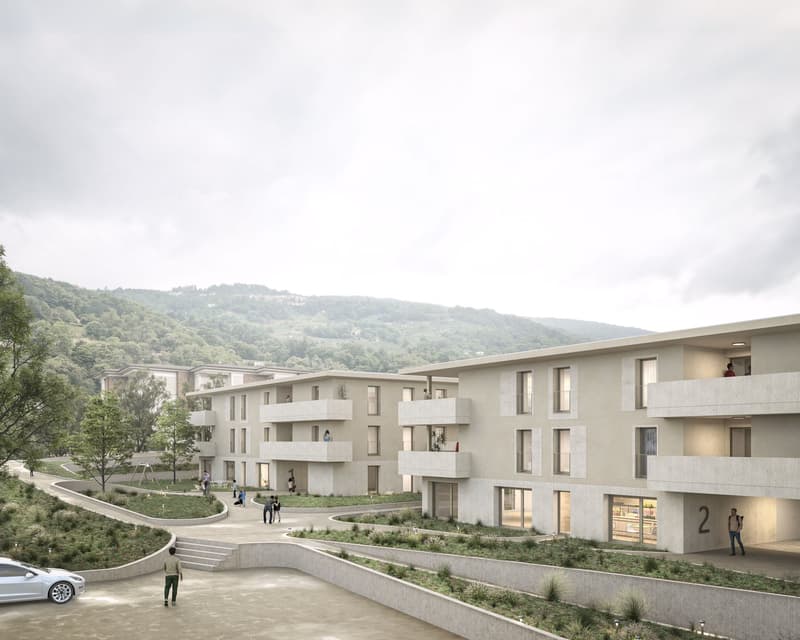 Modern apartment building with multiple floors, balconies, and landscaped surroundings